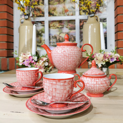 "Hand Painted Red" Set de ceai, 22 piese, Seturi de ceai pentru 6 persoane , 