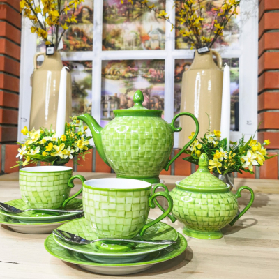 "Hand Painted Green" Set de ceai, 22 piese, Seturi de ceai pentru 6 persoane , 